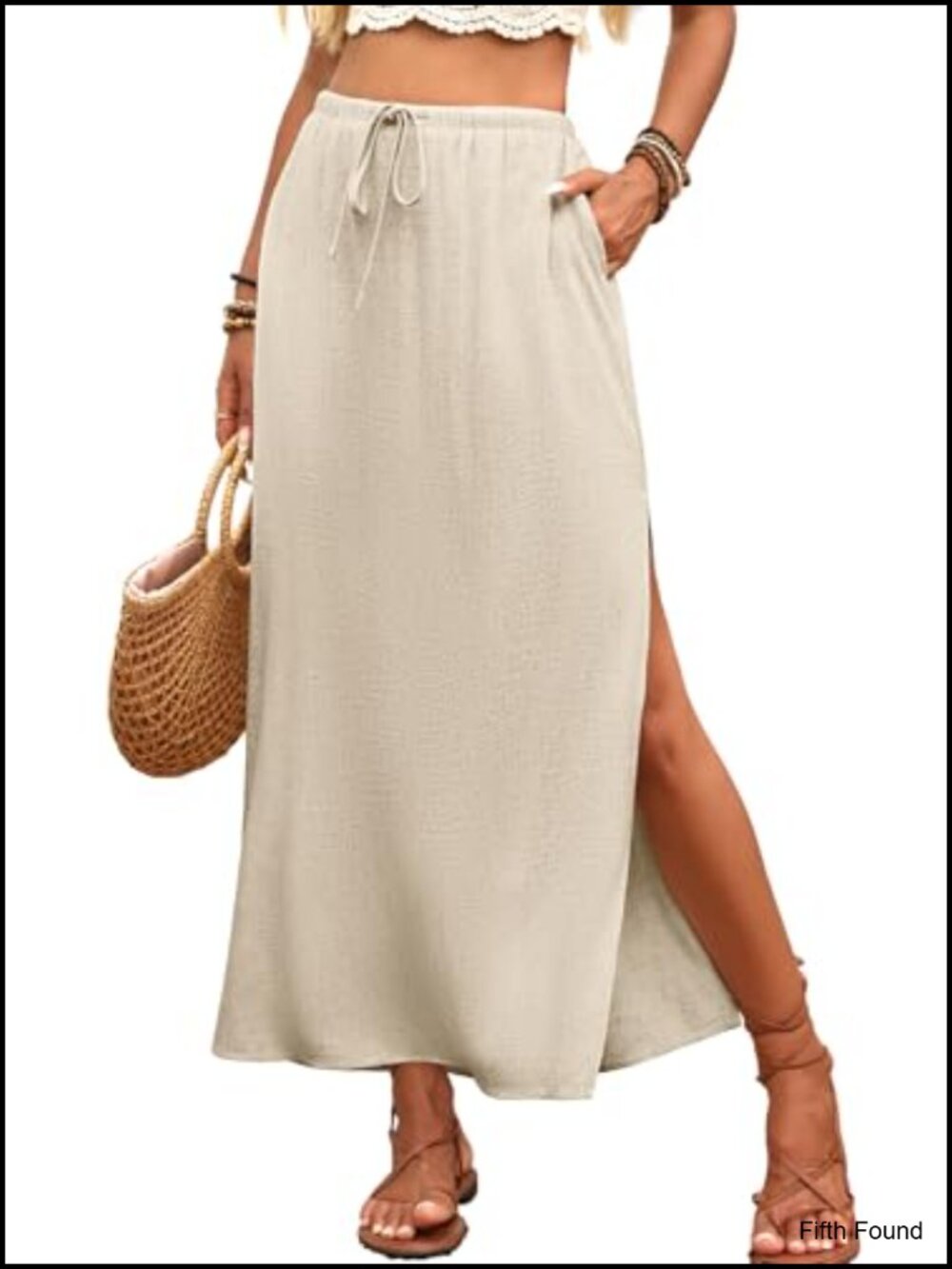 Linen Blend Straight Maxi Skirt with Side Slit and Pockets